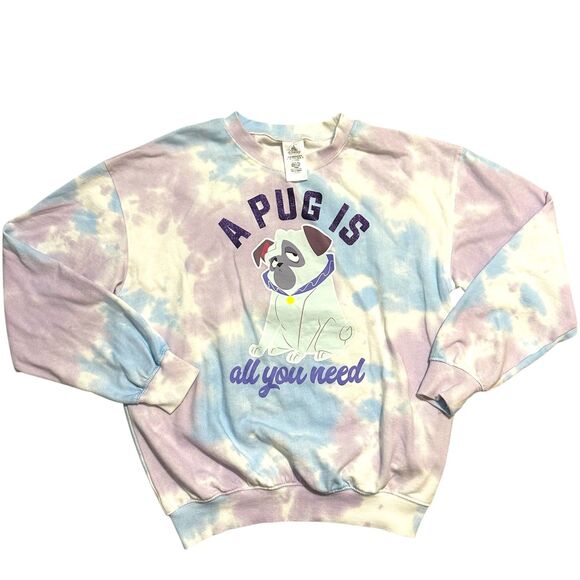 DISNEY WOMEN’s A Pug Is All You Need Pullover Crewneck Tie Dye Sweater - Size M - Picture 1 of 2